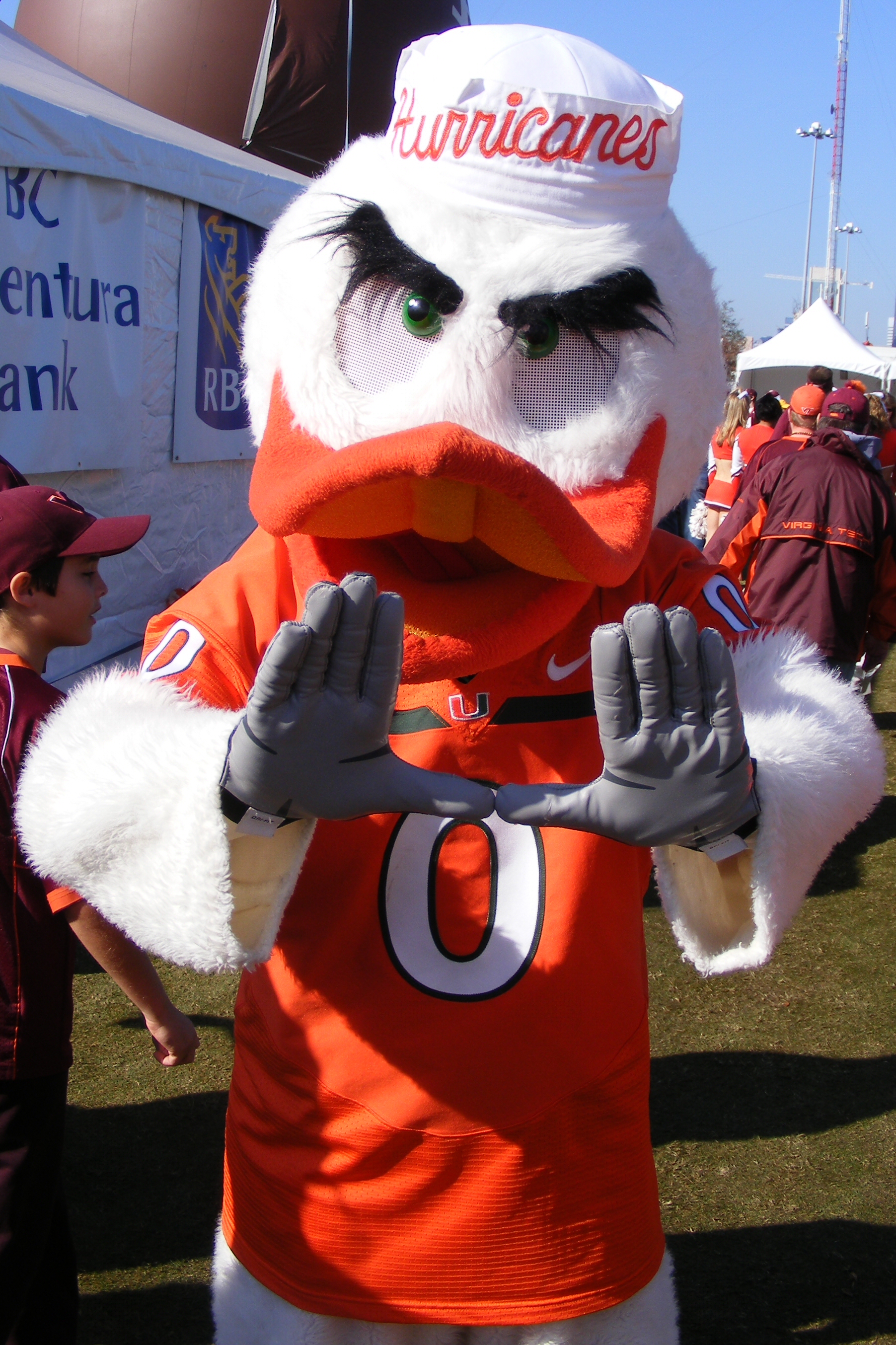 Sebastian the Ibis making the University of Miami U hand sign